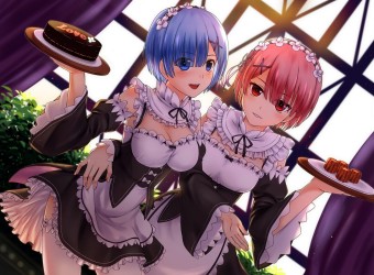 Konachan_com___249538_2girls_blue_eyes_blue_hair_blush_cake_chien_zero_dress_food_headdress_maid_pink_hair_ram__re_zero__red_eyes_rem__re_zero__short_hair_thighhighs_twins_1500x1100