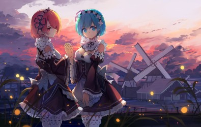 Konachan_com___261288_2girls_apron_aqua_eyes_aqua_hair_bow_clouds_dress_haraguroi_you_headdress