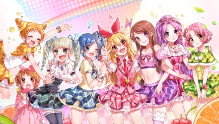 aikatsu_arisugawa_otome_blush_bow_fang_kanzaki_mizuki_kiriya_aoi_long_hair_navel_rojiko_shibuki_ran_short_hair_thighhighs_toudou_yurika_trap_wink_3000x1700