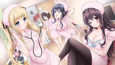 aki_tomoya_blush_bra_breasts_cleavage_group_hashima_izumi_hat_katou_megumi_long_hair_mask_nanairo_nurse_pantyhose_twintails_underwear_wink_1920x1080