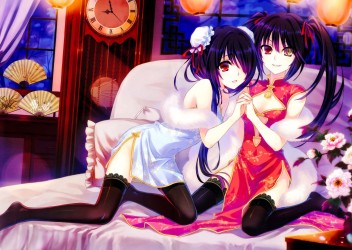 bed_bicolored_eyes_black_hair_chinese_clothes_chinese_dress_date_a_live_fan_flowers_night_tagme__artist__thighhighs_tokisaki_kurumi_twintails_3500x2483