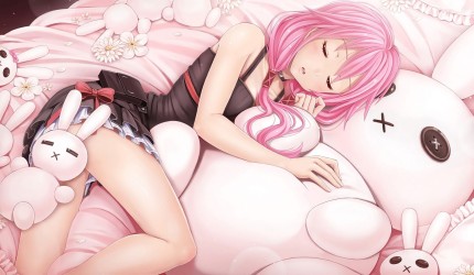 bed_bunny_dress_flowers_guilty_crown_pink_hair_sleeping_sunimu_twintails_yuzuriha_inori_2066x1200