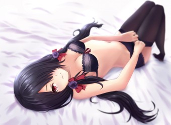 black_hair_bra_breasts_date_a_live_long_hair_navel_red_eyes_thighhighs_tokisaki_kurumi_twintails_underwear_wbreeze_2000x1466