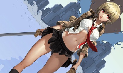 blonde_hair_bra_breasts_cherrylich_cleavage_navel_open_shirt_original_red_eyes_seifuku