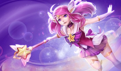 blue_eyes_bow_choker_elbow_gloves_goomrrat_headband_league_of_legends_long_hair_pink_hair_polychromatic_skirt_staff_thighhighs_zettai_ryouiki_1525x900