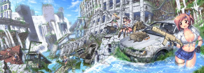 blush_boots_bow_breasts_car_cleavage_group_gun_hug_navel_original_rainbow_red_eyes_robot_ruins_scenic_seifuku_skirt_stairs_tie_water_weapon_wet_2688x960
