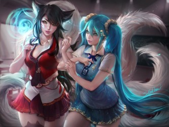 girls_ahri__league_of_legends__animal_ears_breasts_cleavage_league_of_legends_sakimichan_seifuku_sona_buvelle_tail_thighhighs_1600x1201