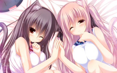 girls_animal_ears_bed_black_hair_blush_catgirl_mia_syroh_original_pink_hair_red_eyes_shia_tail_wink_1920x1200