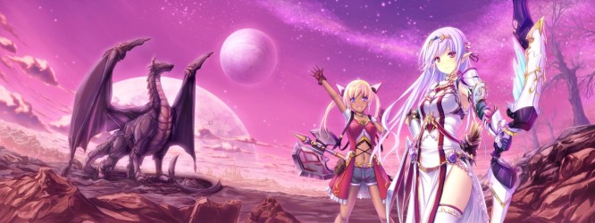 girls_blonde_hair_blue_eyes_clouds_dark_skin_dragon_dualscreen_gloves_long_hair_moon_original_pointed_ears_red_eyes_stars_tenmaso_weapon_white_hair_2400x900