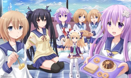hyperdimension_neptunia_black_hair_blanc_blue_eyes_brown_hair_food_historie_kazenokaze
