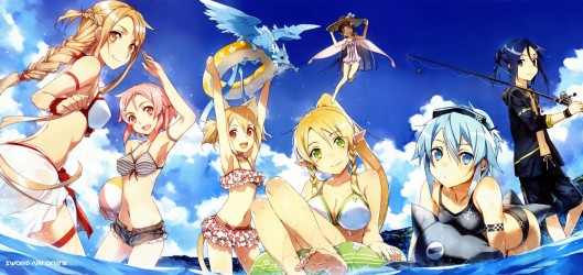 sword_art_online_abec_animal_bikini_blue_hair_braids_choker_eragot_fish_foxgirl_group_leafa_lisbeth_navel_pina_pink_hair_ponytail_red_eyes_sky_swimsuit_tail_water_wet_5440x2570