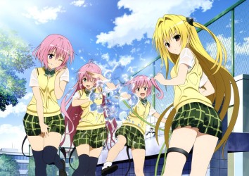 to_love_ru_bow_brown_eyes_clouds_green_eyes_long_hair_pink_hair_seifuku_short_hair_skirt_sky_socks_tail_thighhighs_to_love_ru_twintails_water_wet_wink_3500x2468