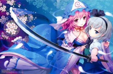 video_games_blue_Touhou_cherry_blossoms_flowers_blue_eyes_katana_cleavage_weapons_Konpaku_Youmu_pink_hair