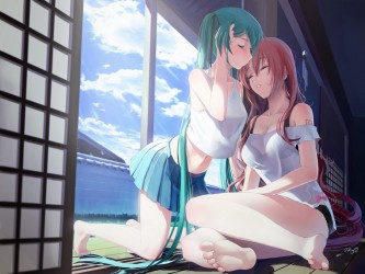 vocaloid_girls_aqua_hair_barefoot_cleavage_hatsune_miku_kiss_long_hair_navel_okingjo_panties_red_hair_see_through_skirt_twintails_yuri_2000x1500